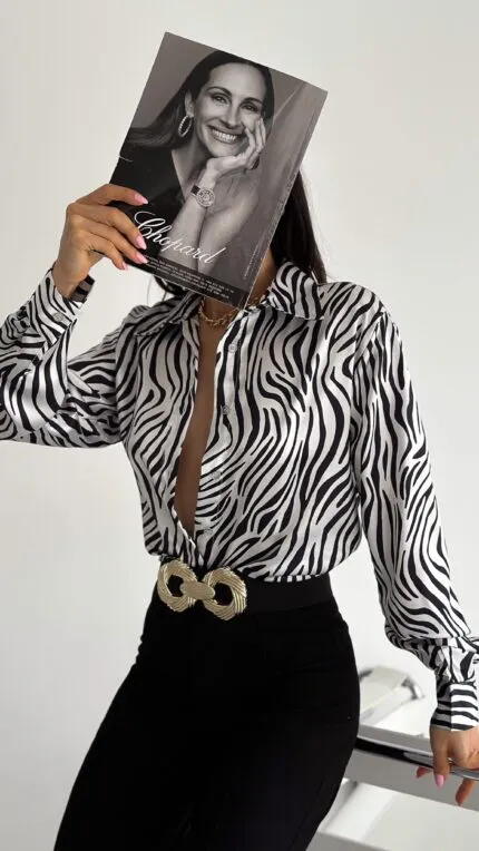 Zebra Desenli Saten Oversize Gömlek