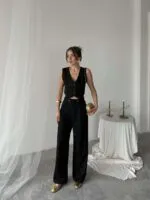 Siyah poliviskon çift düğmeli palazzo pantolon