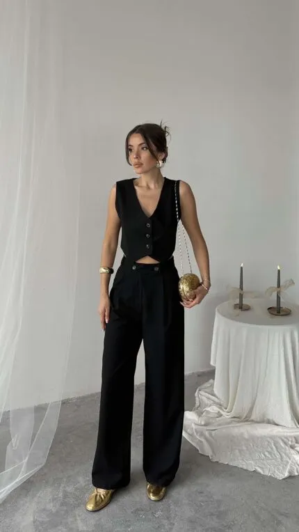 Siyah poliviskon çift düğmeli palazzo pantolon
