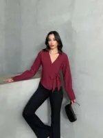 5908 bordo (2) Bordo yan bağlamalı tensel gömlek kadın modası