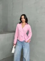 Pembe yan bağlamalı tensel gömlek kadın modası