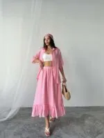 Pembe tensel etekli takım kadın spor kıyafeti antrenman giyim