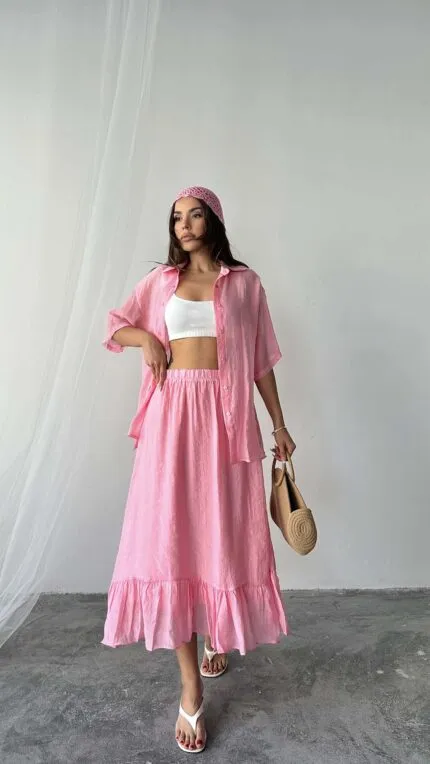 Pembe tensel etekli takım kadın spor kıyafeti antrenman giyim