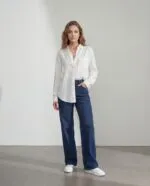 Beyaz cepli oversize gömlek kadın, rahat pamuklu günlük üst, basic uzun kollu bol kesim bluz