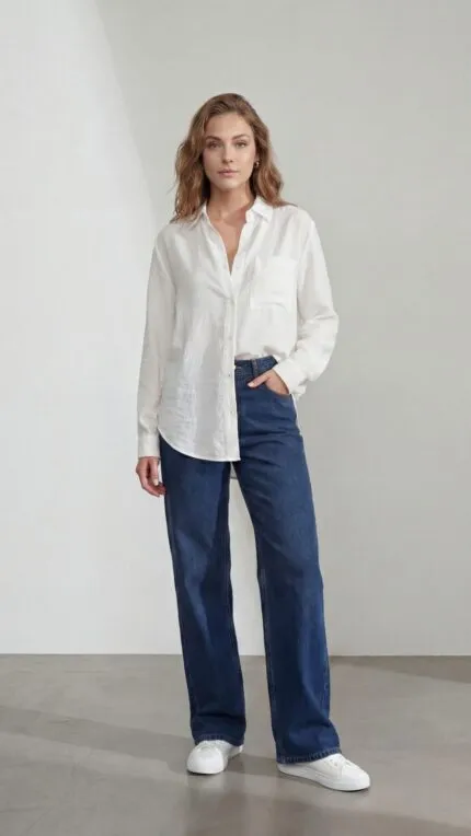 Beyaz cepli oversize gömlek kadın, rahat pamuklu günlük üst, basic uzun kollu bol kesim bluz