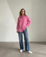 Pembe cepli oversize gömlek kadın, rahat ve tarz günlük giyim