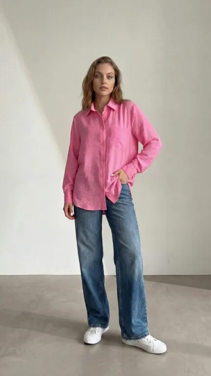 Pembe cepli oversize gömlek kadın, rahat ve tarz günlük giyim
