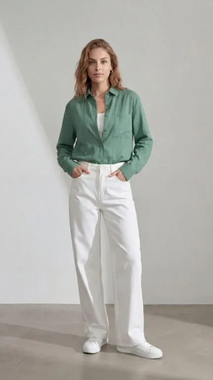 Yeşil cepli oversize pamuklu gömlek, rahat ve modaya uygun günlük giyim