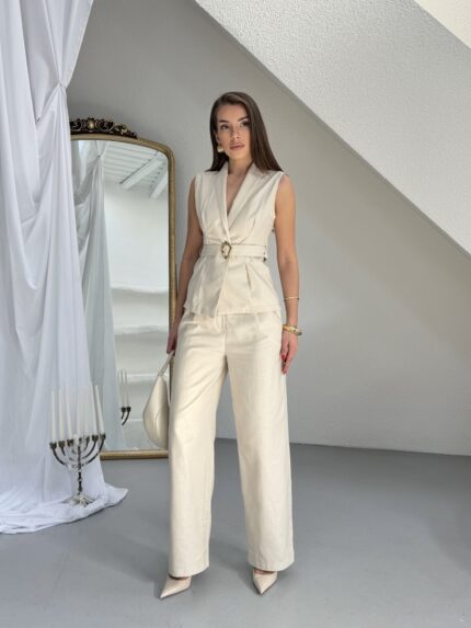 Keten Kuşaklı Yelek Pantolon Takım