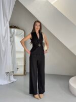 Siyah keten kuşaklı yelek ve pantolon takımı, resmi ve smart casual kombinler