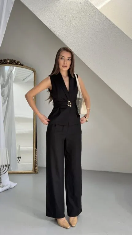 Siyah keten kuşaklı yelek ve pantolon takımı, resmi ve smart casual kombinler
