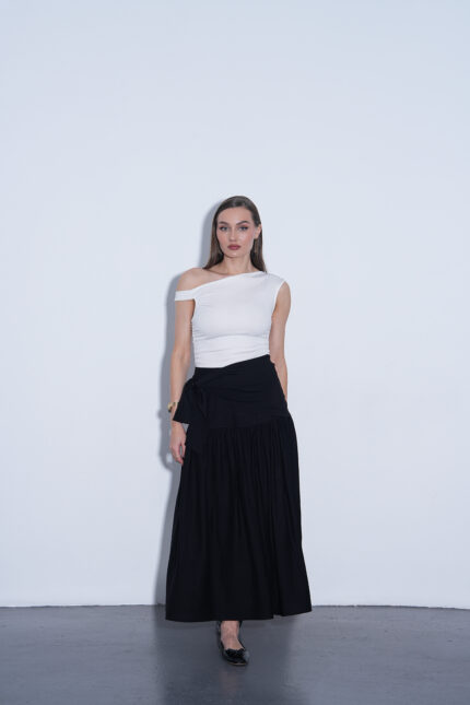 Siyah kuşaklı keten maxi etek - 5'li seri (SS, MM, L beden seçenekleri)