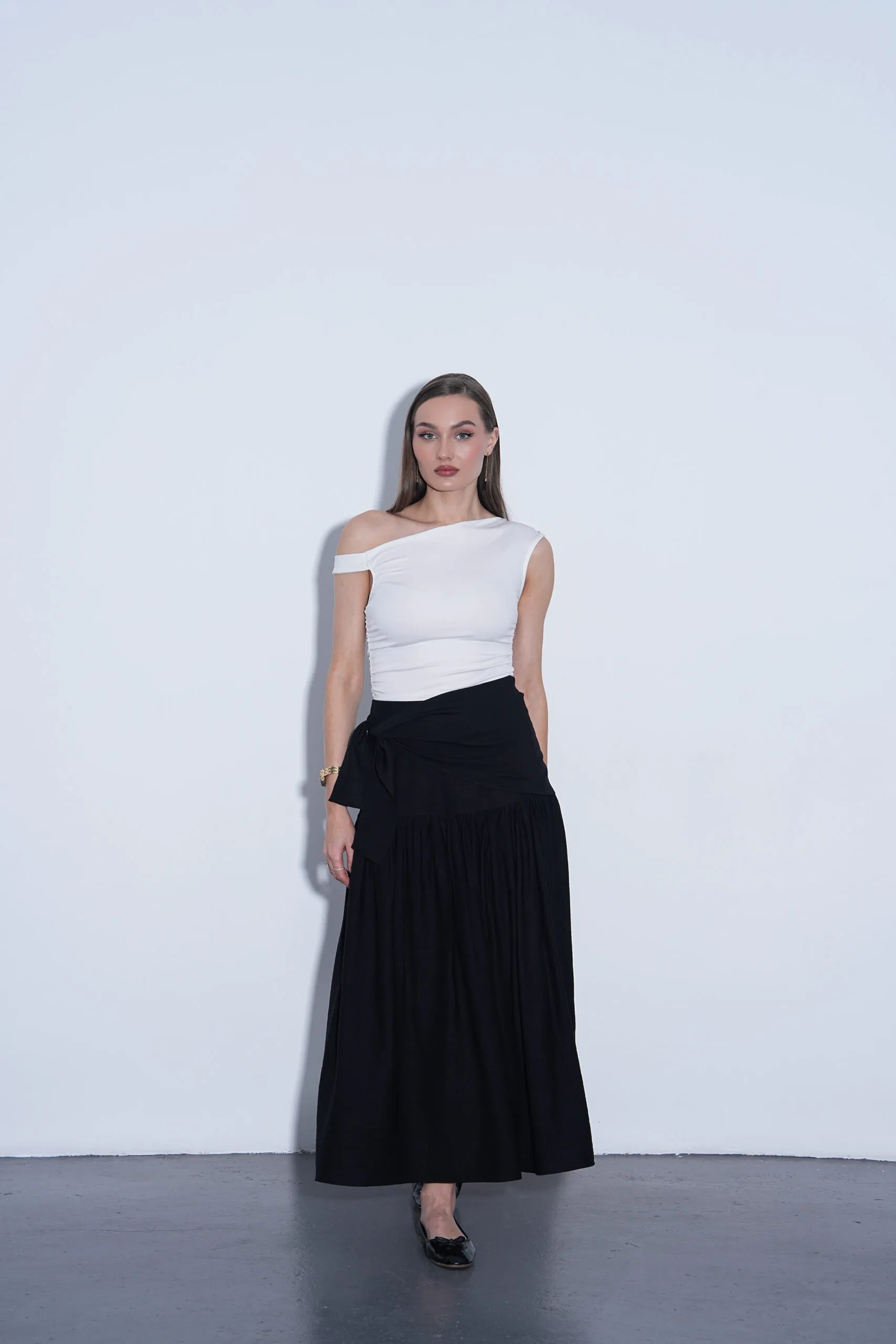 Siyah kuşaklı keten maxi etek - 5'li seri (SS, MM, L beden seçenekleri)
